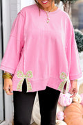 Pink Floral Bow Patched Exposed Seam Patchwork Slit Baggy Sweatshirt Pink 65%Polyester+35%Cotton 4f37fa24dea2f1ba