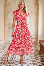 Red Boho Floral V-Neck Ruffle Shoulder Maxi Dress
