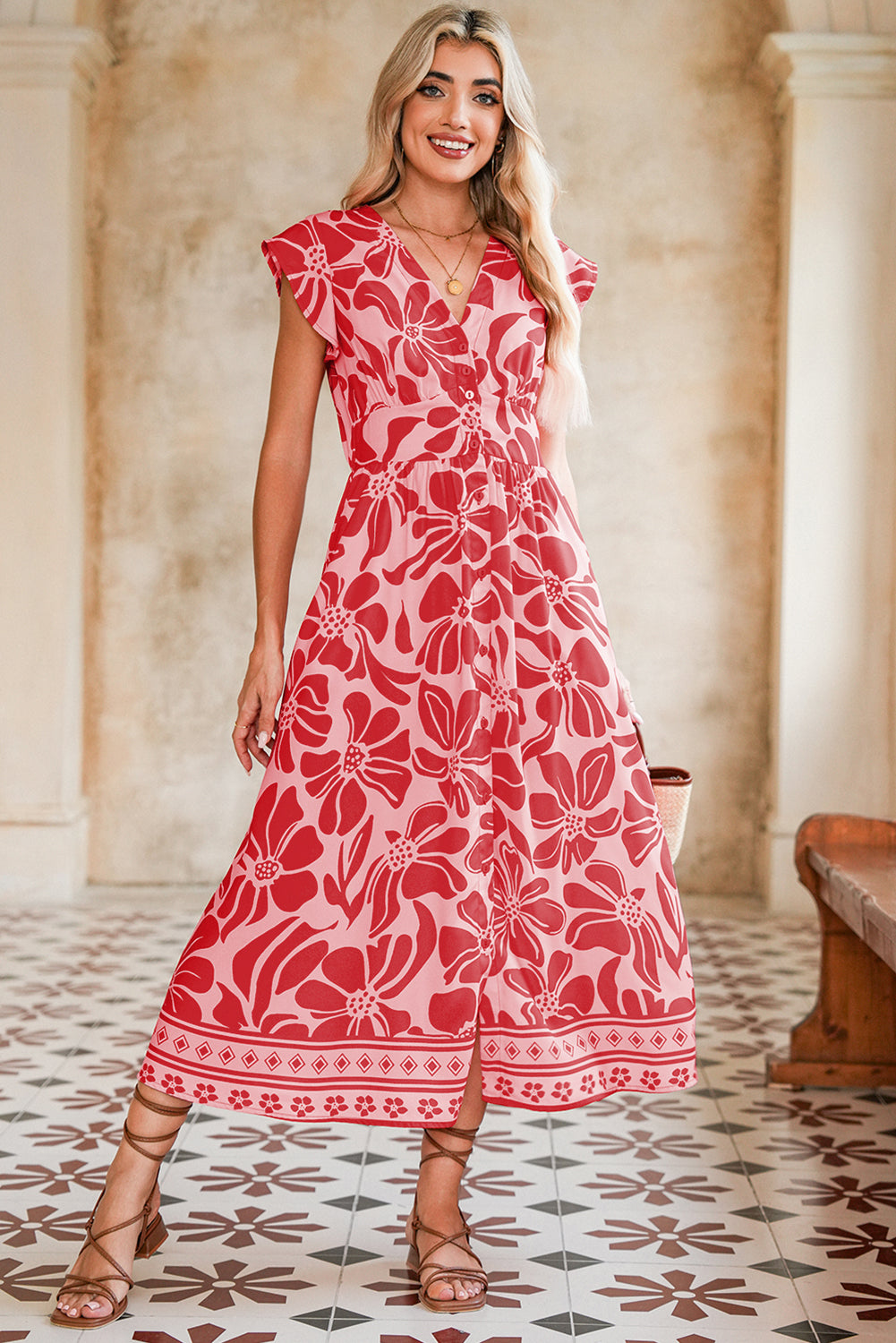 Red Boho Floral V-Neck Ruffle Shoulder Maxi Dress 4f3be7236d50c29b