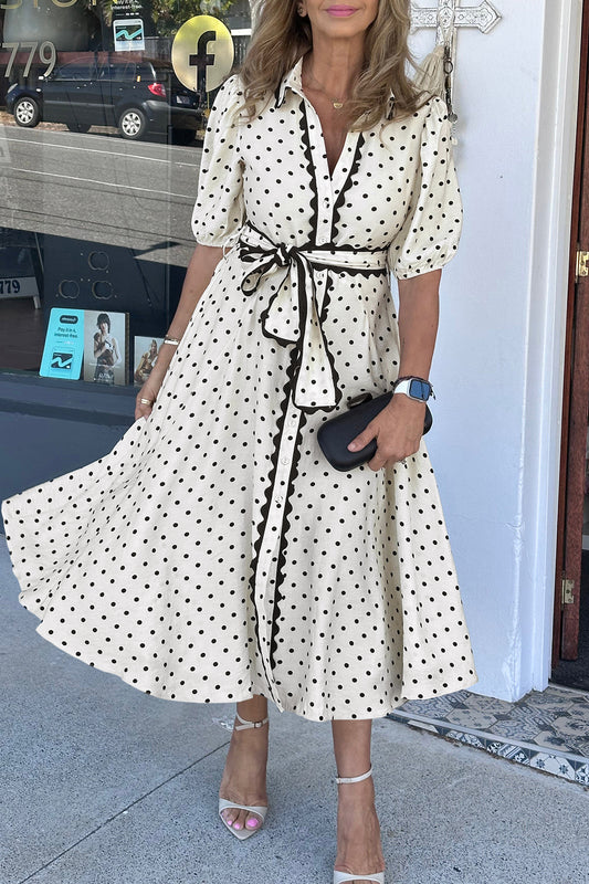 White ka Dot Printed Contrast Scalloped Trim Shirt Collar Button Down Belted Midi Dress White 100%Polyester 4f44deaa03bfd40a