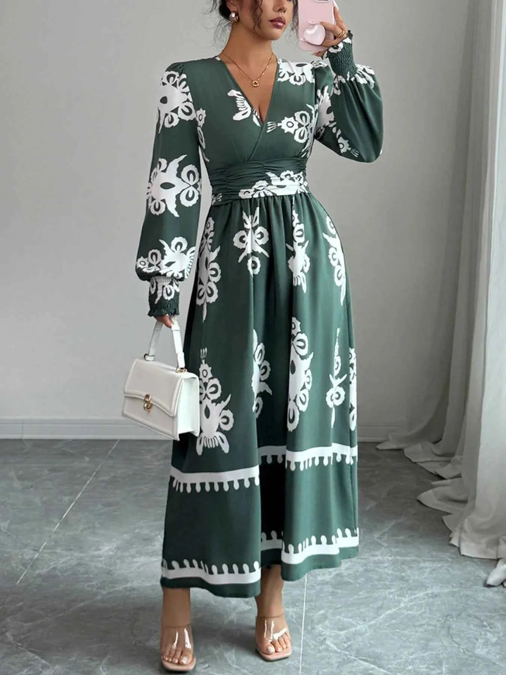 Printed Surplice Lantern Sleeve Dress 4f4e3dab-568d-480d-b6e7-f691498cc5d7-Max-Origin
