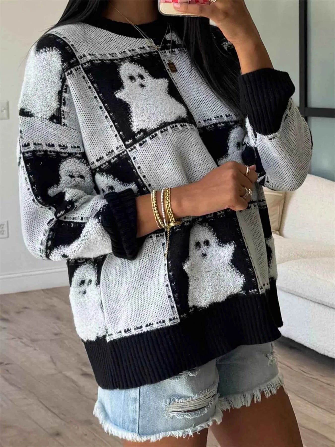 Halloween Ghost Checkered Drop Shoulder Sweater 4f5482529ede4b3c956ab540839cdd68-Max-Origin