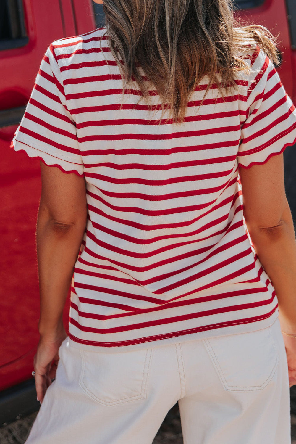 Red Stripe Scalloped Trim Round Neck T Shirt 4f55afa541a08bd5