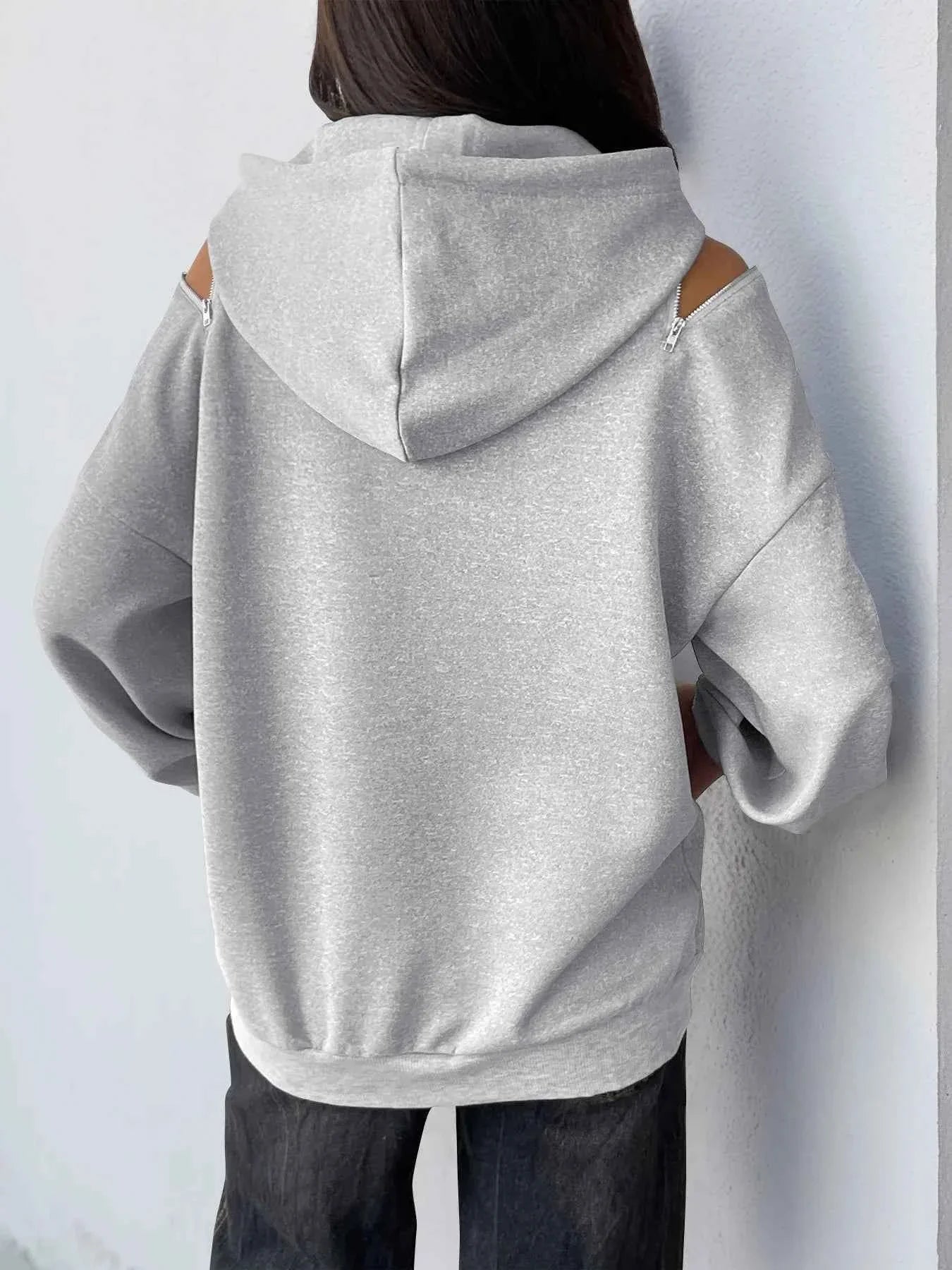 Drawstring Zip Detail Cold Shoulder Hoodie 4f5f051af77e4edb8c3f31ef35956137-Max-Origin