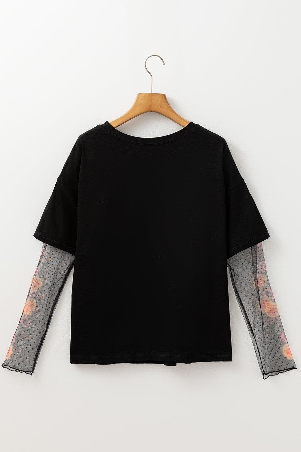 Black Floral Mesh Sleeve Fake Two-Piece Top 4f63fef6bf38d33a