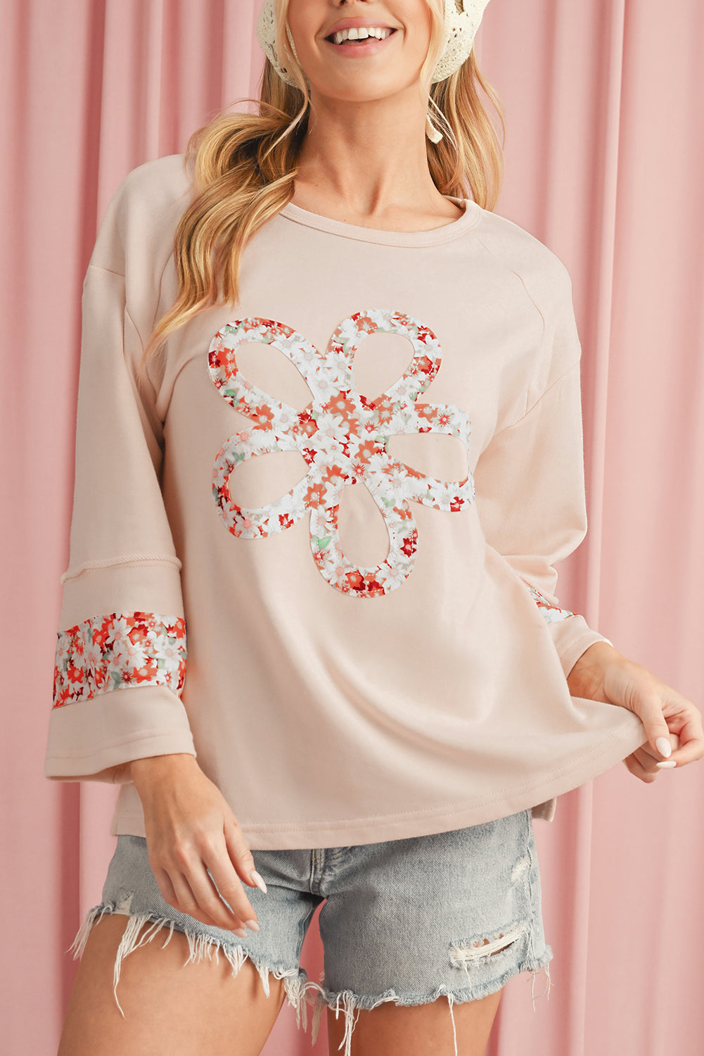 Beige Flower Exposed Seam Patchwork Loose Top Beige 65%Polyester+35%Cotton 4f644b99ecbf6b32