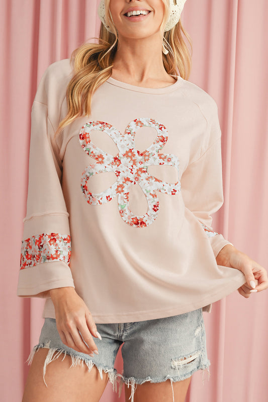 Beige Flower Exposed Seam Patchwork Loose Top Beige 65%Polyester+35%Cotton 4f644b99ecbf6b32