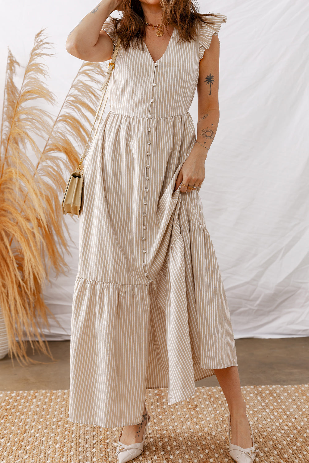 Khaki Stripe Flutter Sleeve Buttoned Front Slit Maxi Dress 4f68e7648d5f868f