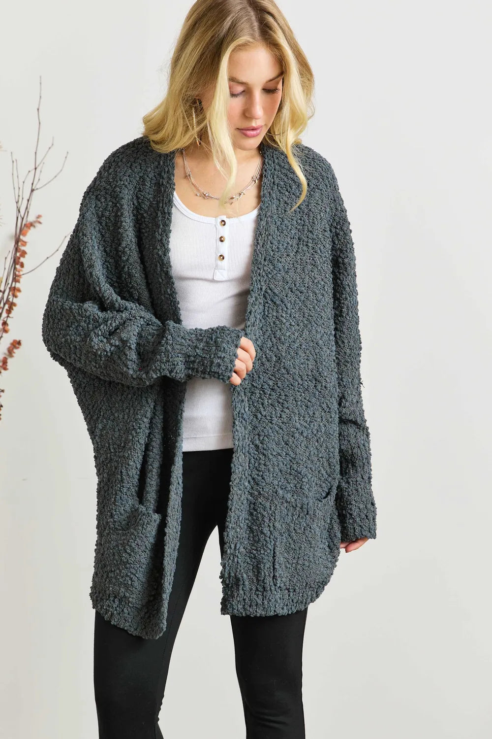 ADORA Popcorn Knit Open Front Long Sleeve Cardigan 4f6a140b-643f-4d82-bf6b-81af0aeb81d9-Max