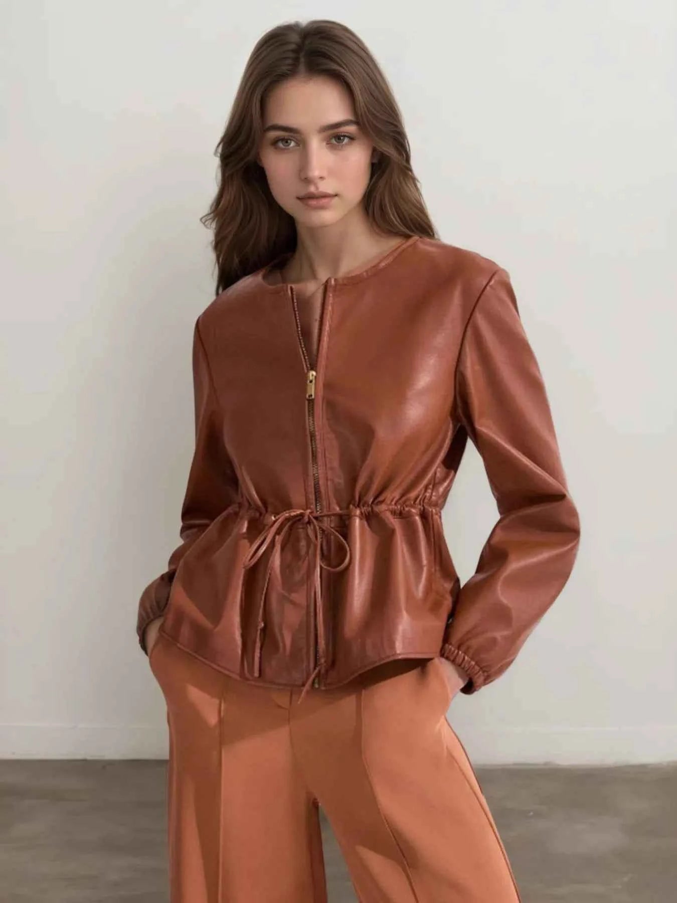 Drawstring Zip Up Leather Jacket Brown 4f6ac8ca7f1f4b928dc6f13cf505cb5f-Max-Origin