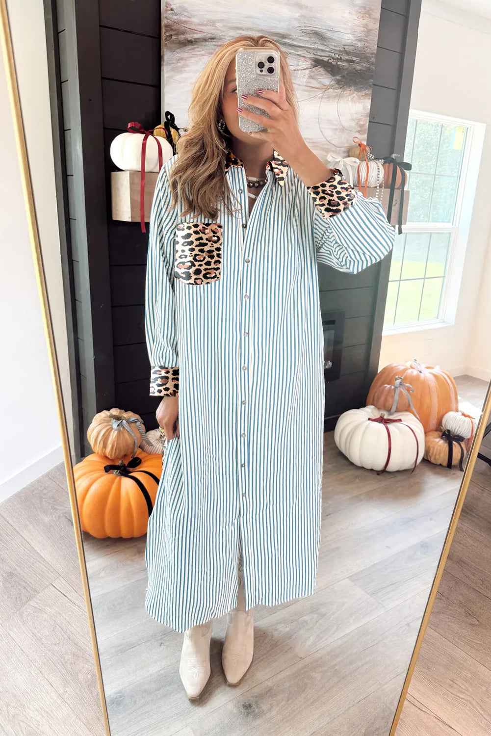 Brown Stripe Contrast Leopard Patchwork Shirt Dress 4f6cc83e81cd2435
