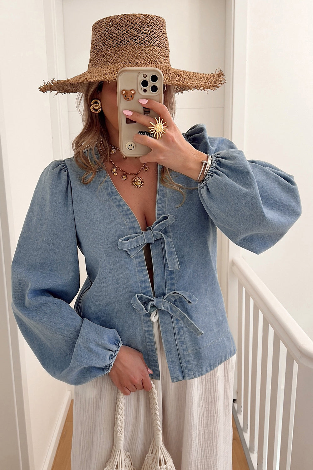 Dusk Blue Bow Tie Front Puff Sleeve Denim Top 4f6cca0701686c63