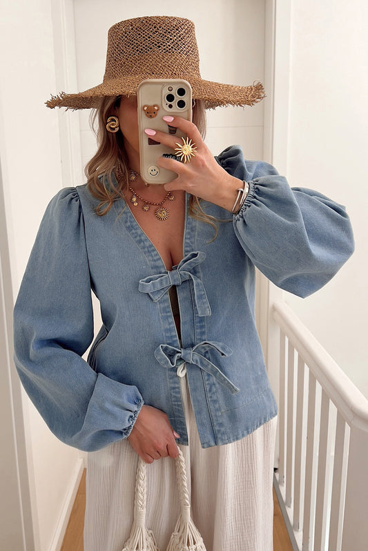 Dusk Blue Bow Tie Front Puff Sleeve Denim Top 4f6cca0701686c63