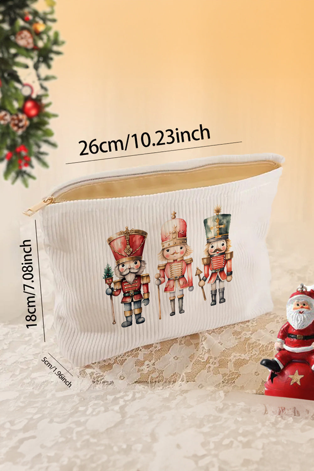 Pink Christmas Santa Claus Corduroy Zip Up Cosmetic Bag