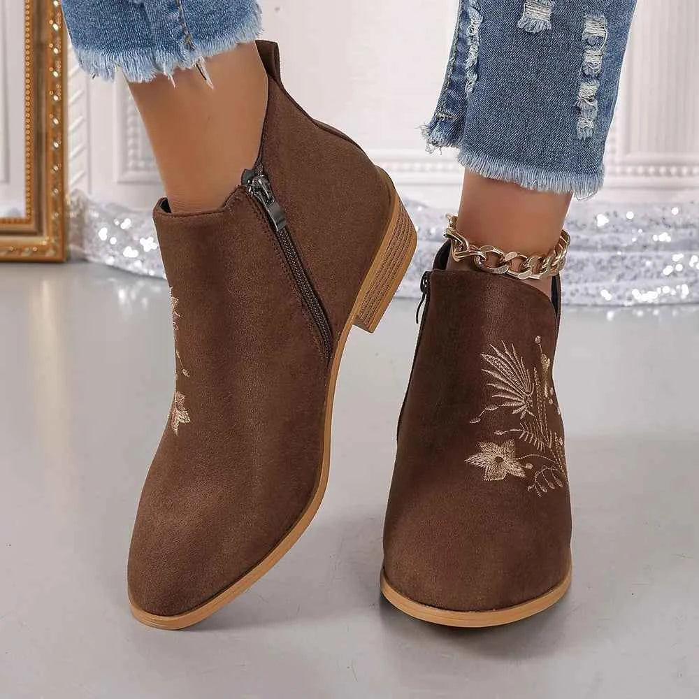Embroidered Suede Point Toe Block Heel Boots 4f7467ac-4e1a-4056-9975-662013004625-Max