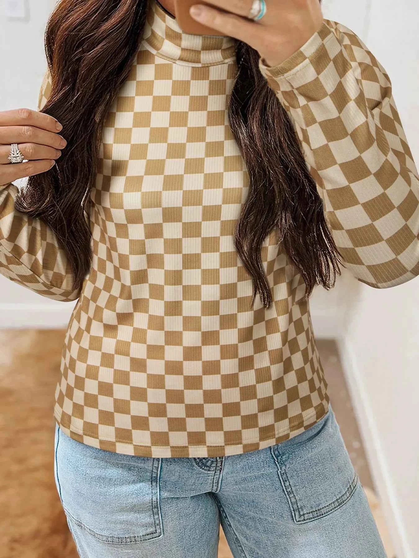 Check Pattern Turtleneck Slim Long Sleeve Tee Tan 4f77fe2f811c447db2b017d1bcce9f11-Max-Origin