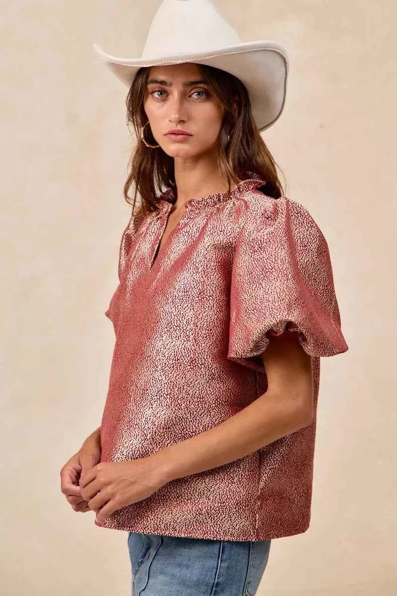 BiBi Jacquard Woven Short Balloon Sleeves V Neck Top 4f78cec5f0f04d8fbb9fd3a7bd5b1245-Max-Origin