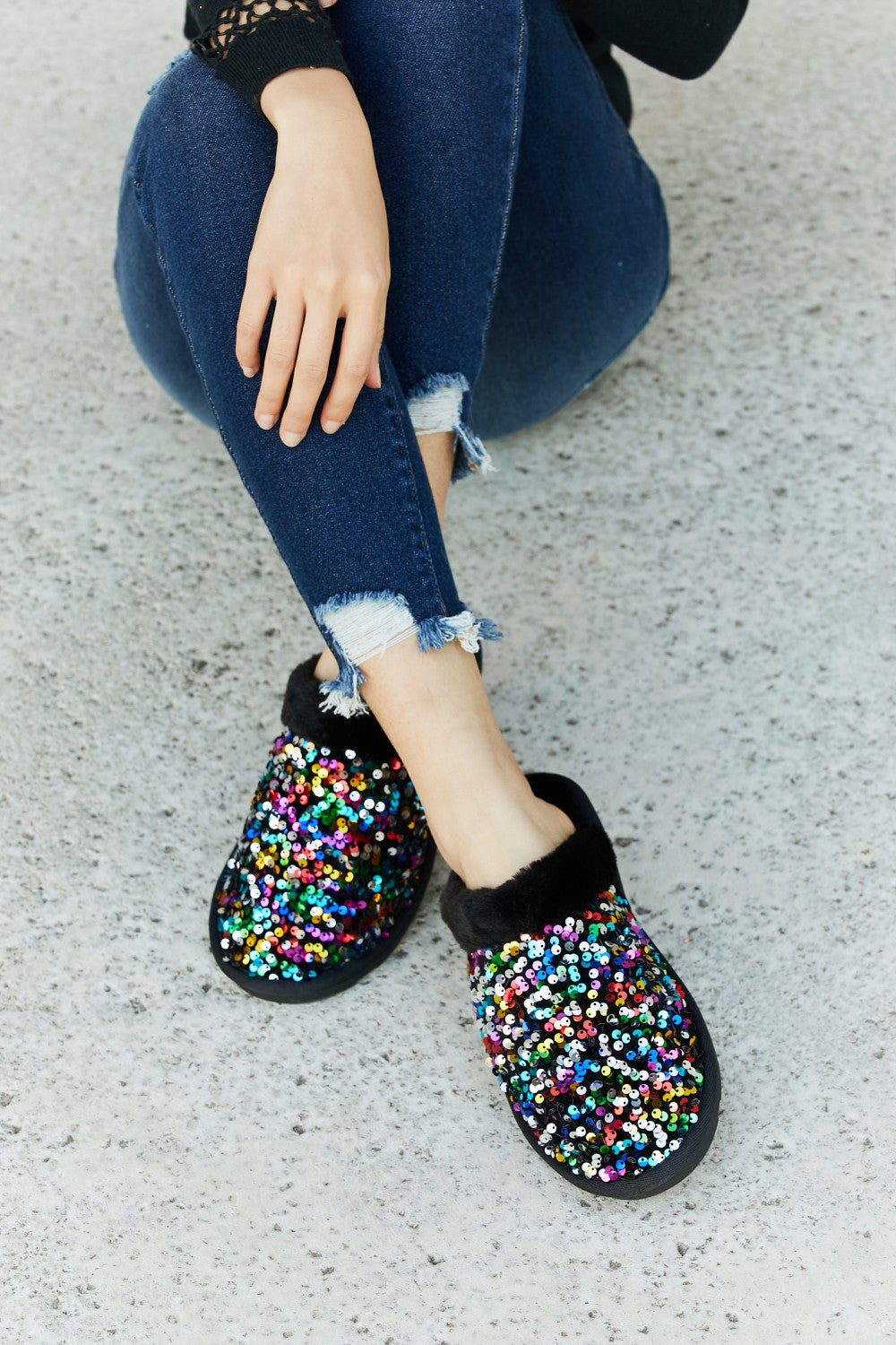 Multicolored Sequin Faux Fur Slipper Dazzle 4f794adf09c74765a888a94ec702c53a-Max