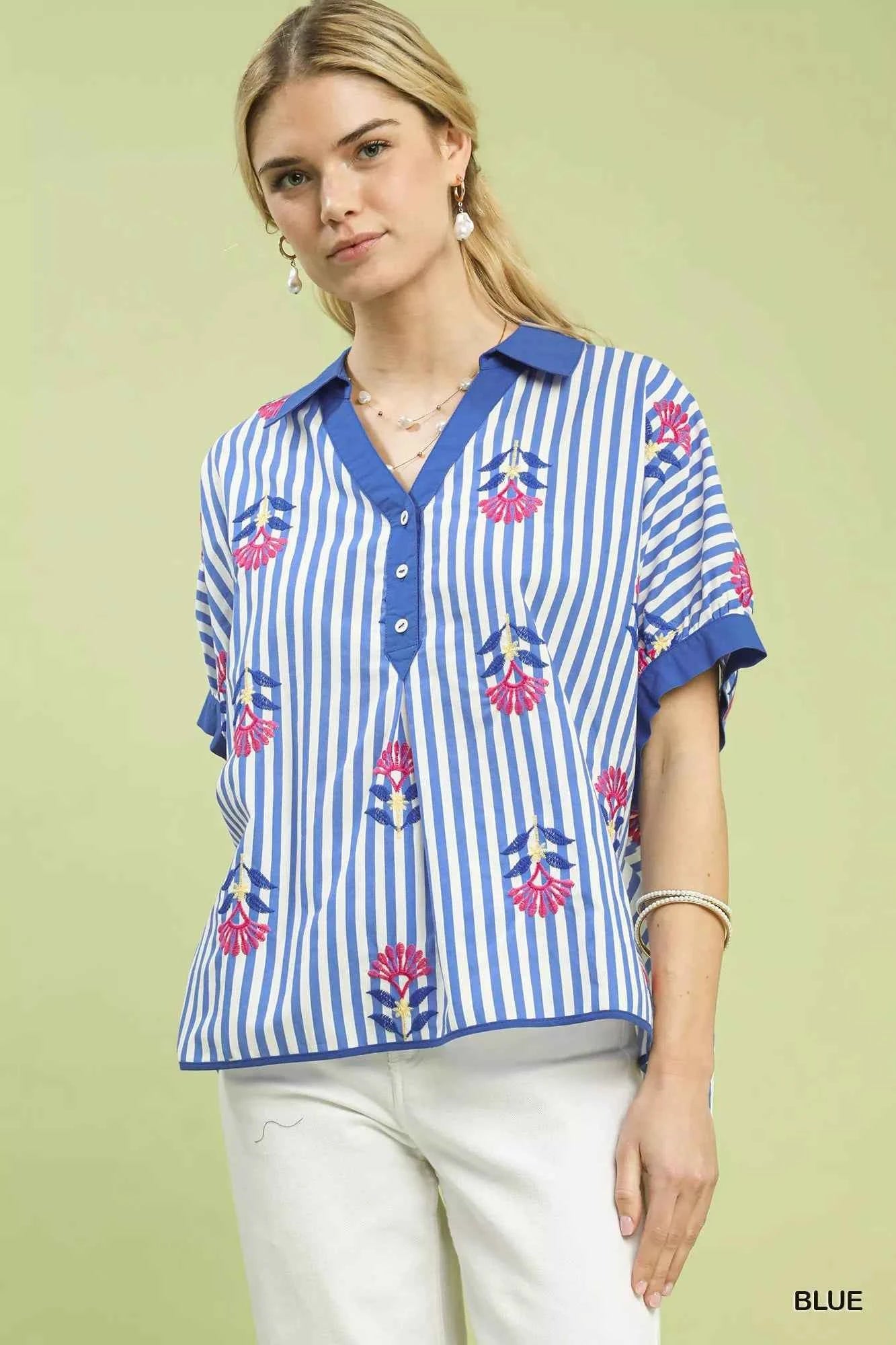 Umgee Stripe Embroidered Button-Front Boho Blouse BLUE 4f7be3b8-8cd4-4908-86d7-44cb9eba043b-Max-Origin