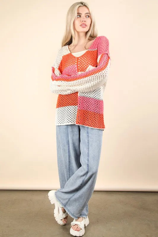 VERY J Color Block Oversized Summer Knit Cover Up 4f7ead3c87ea46ab98fcd2074c8eed15-Max-Origin