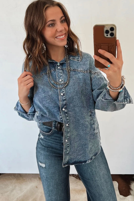 Dusk Blue Western Long Sleeve Shirt Collar Tunic Denim Jacket 4f826c396773a1e4