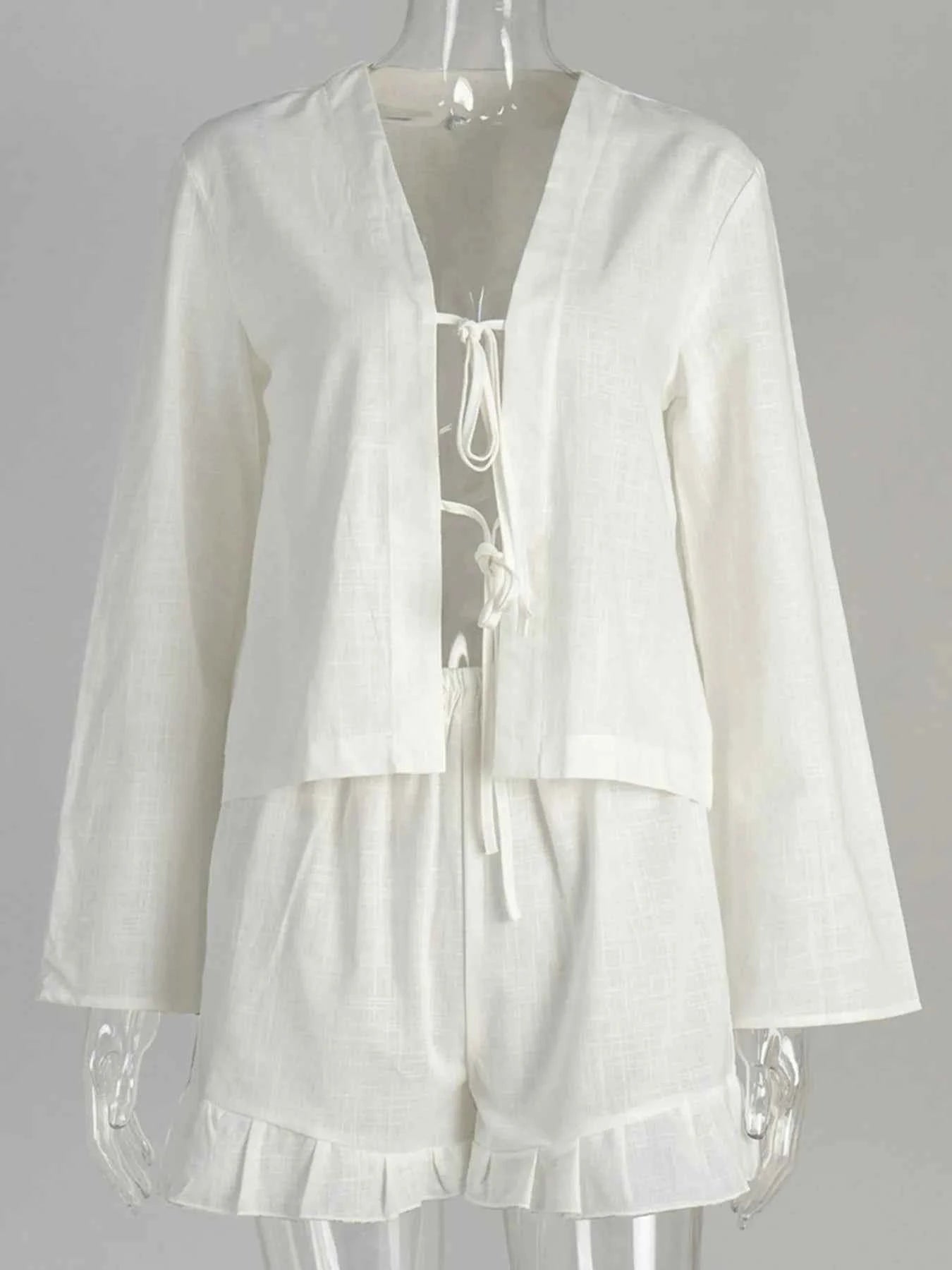 Tie Front Long Sleeve Top and Shorts Set 4f853457-1017-4f5e-886f-3cedb931d56e-Max-Origin
