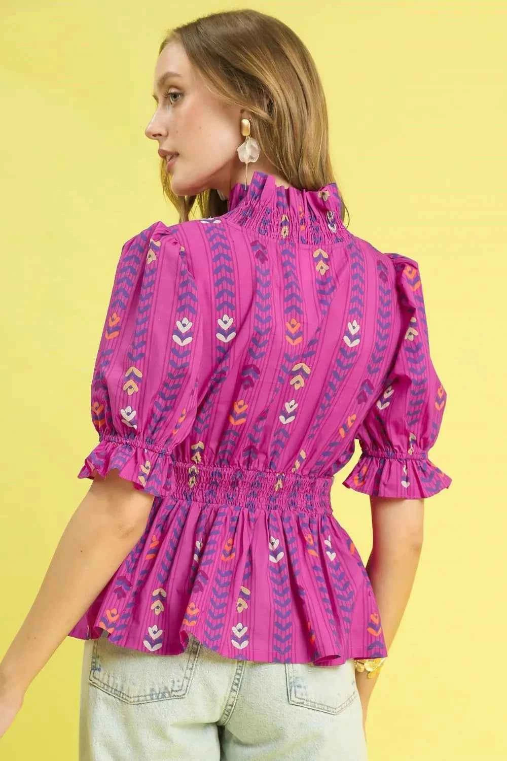 Umgee Printed Half Sleeve Peplum Blouse 4f887544-d7a0-4e83-ba91-eda660098a8e-Max-Origin