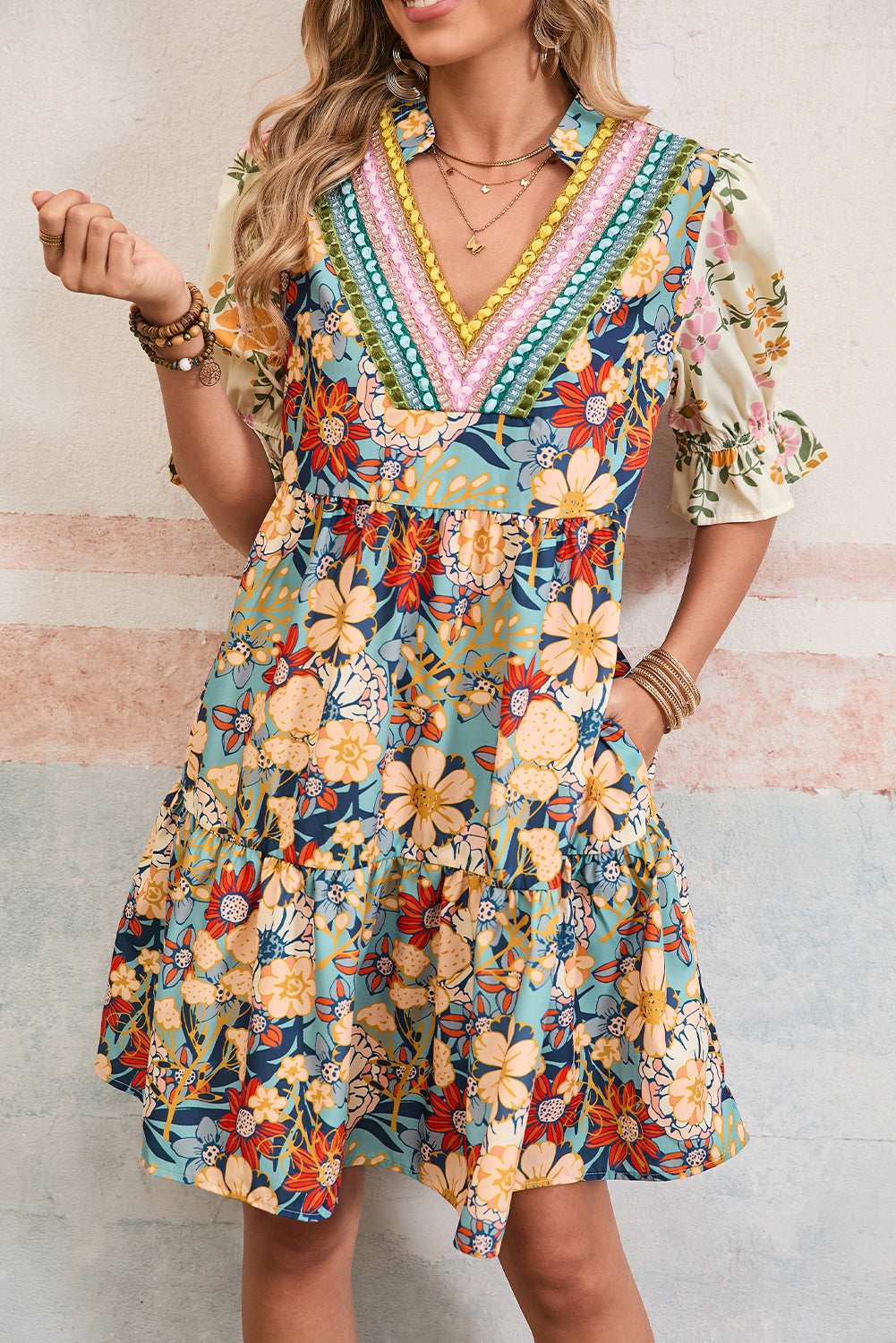 Multicolor Allover Floral Print Tiered Pop of Color Neckline Dress 4f8a011292c043f2-_7