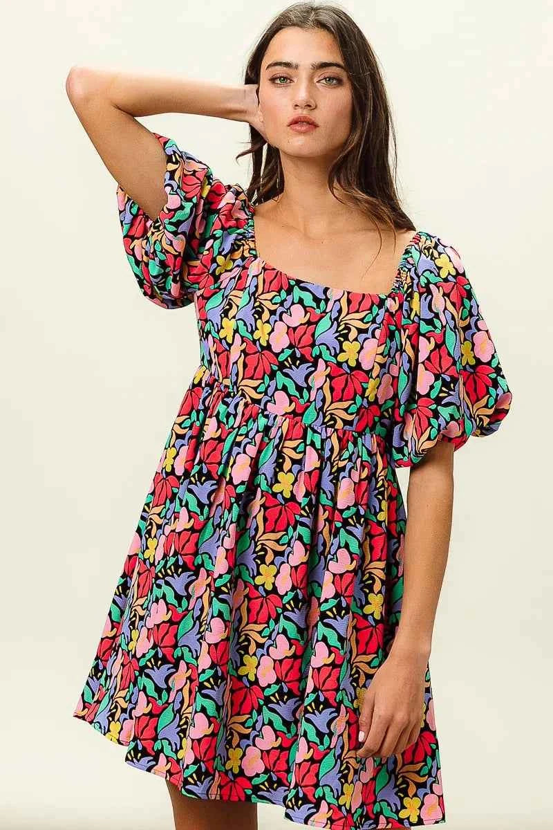 Floral Print Puff Square Neck Dress 4f9ececeae484c52a18eaecf792891ab-Max-Origin