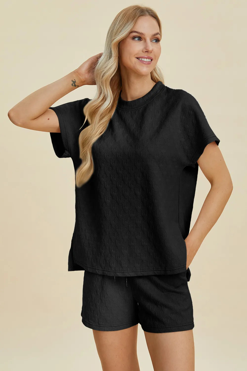 Double Take Full Size Texture Round Neck Short Sleeve Top and Shorts Set 4fa6fc9c-aaf1-4f75-9567-1f3c9c1549b3-Max
