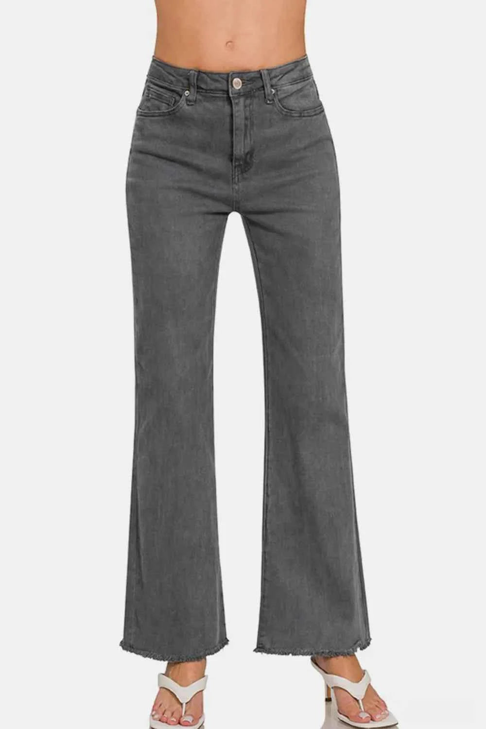 Zenana Acid Washed Frayed Hem Bootcut Jeans Dark Gray 4fa9dbfc-b6f2-4b71-96c2-6e7427fd6ea6-Max
