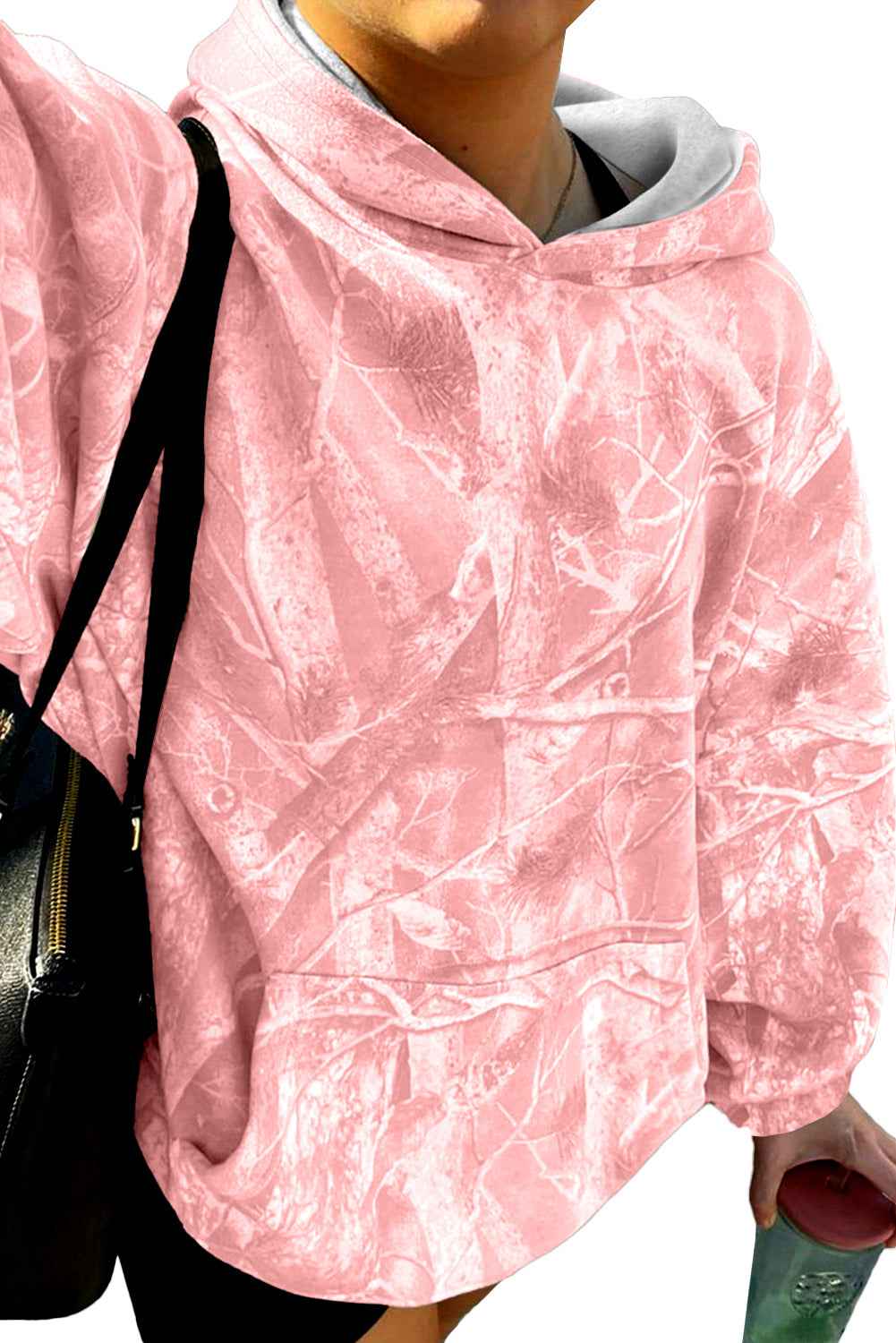 Light Pink Camouflage Plant Print Kangaroo Pocket Oversized Hoodie 4fadd06282552dce