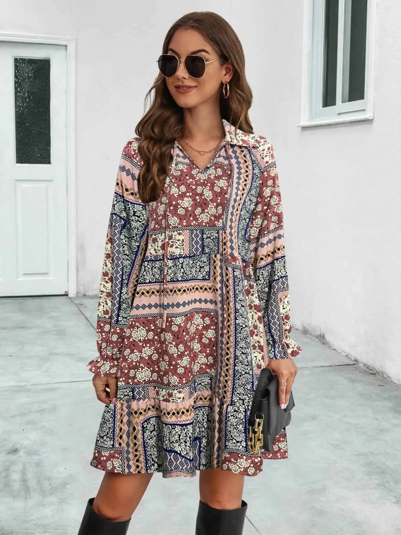 Boho Floral Print Long Sleeve Mini Dress 4fbb72fa-6aae-4fde-b88a-af5439a5e00e-Max-Origin