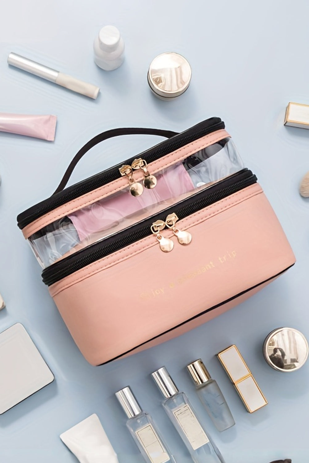Pink Waterproof PVC Double Layer Cosmetic Bag 4fbbc3be20e90435