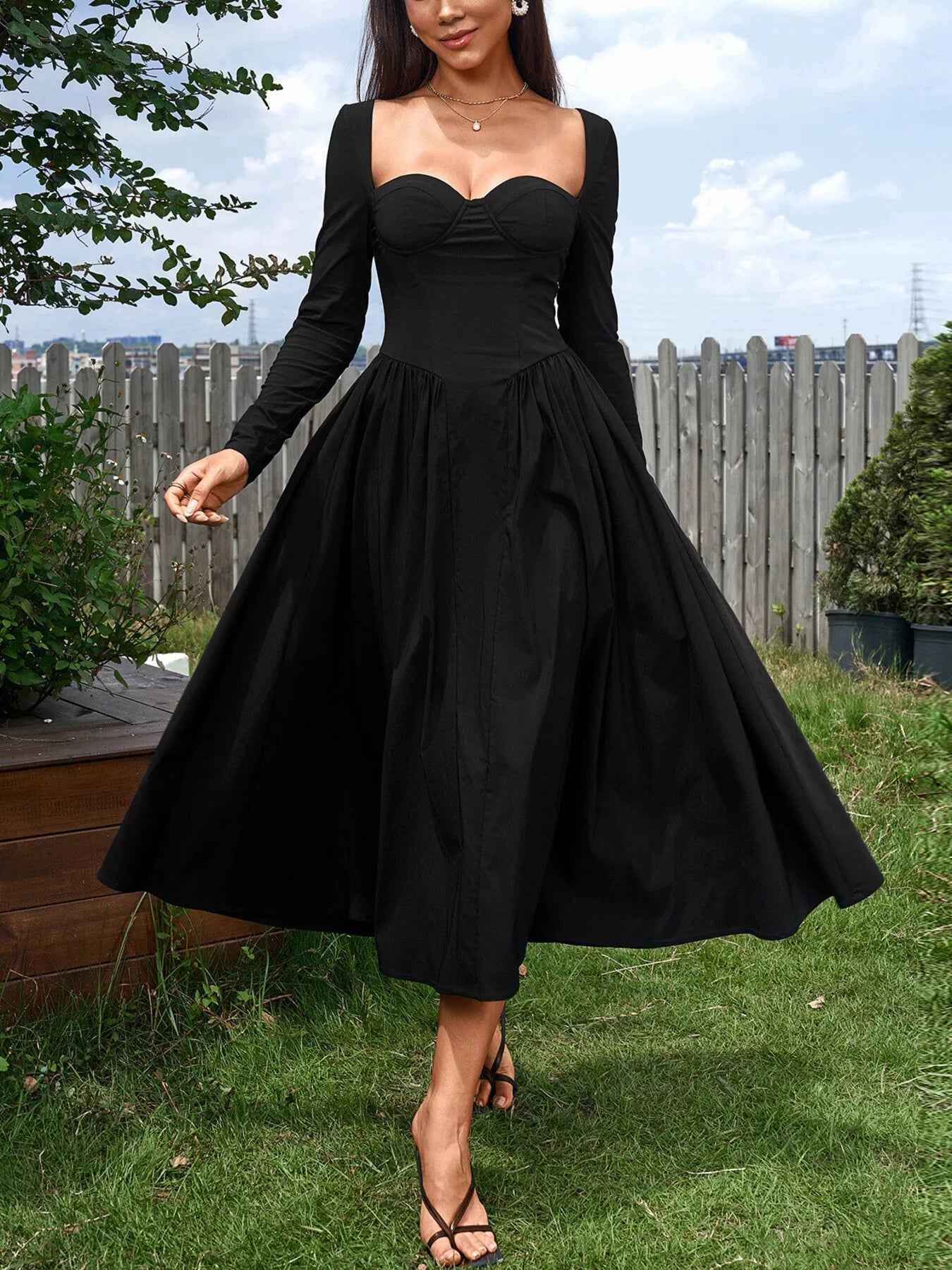 Sweetheart Neckline Long Sleeve A-Line Midi Dress Black 4fc0e4f9a2a449a89de79ee9441ff669-Max-Origin