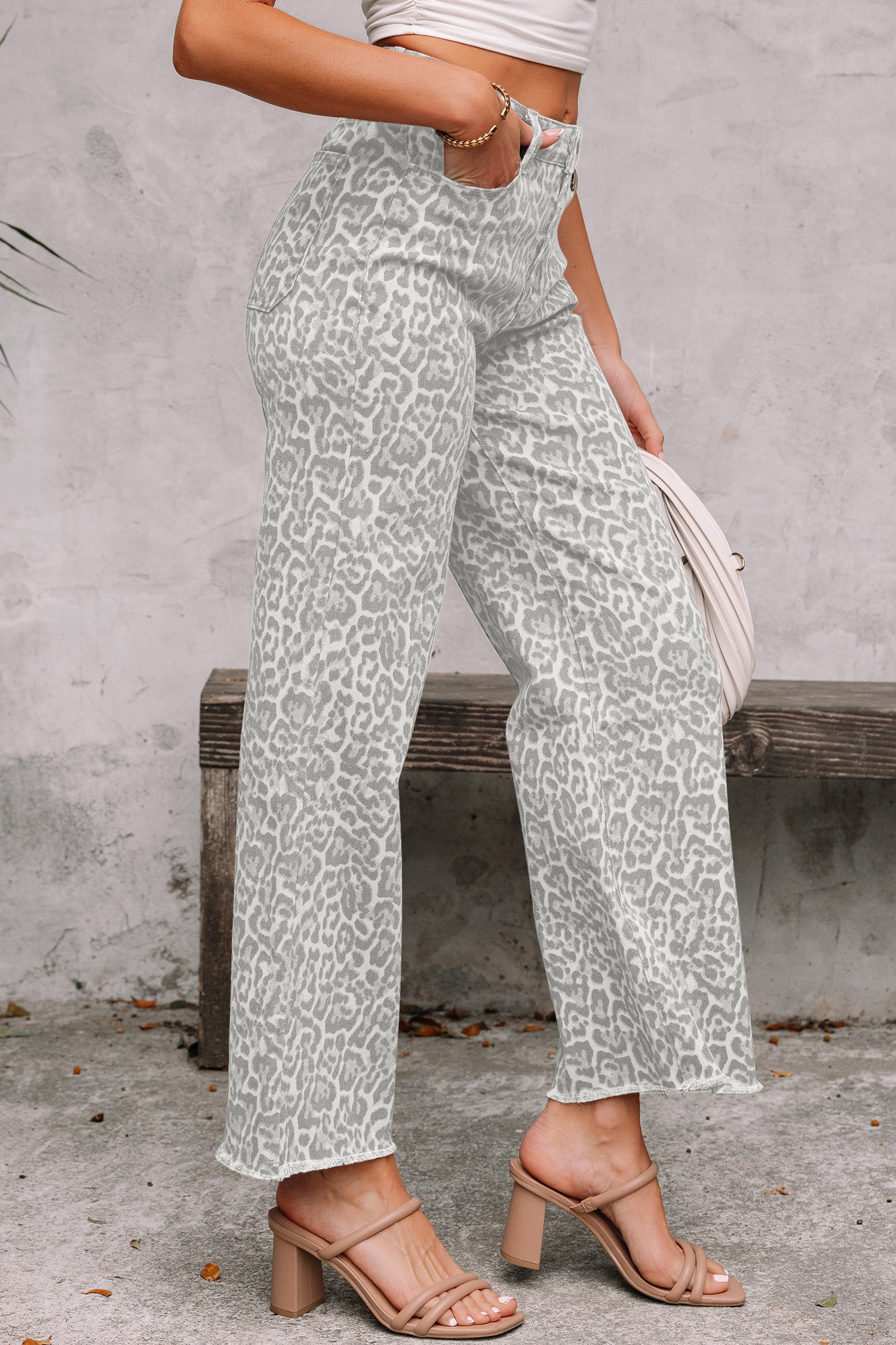 Gray Leopard Frayed Edge Wide Leg High Waist Jeans 4fcaf21b6d8d2837