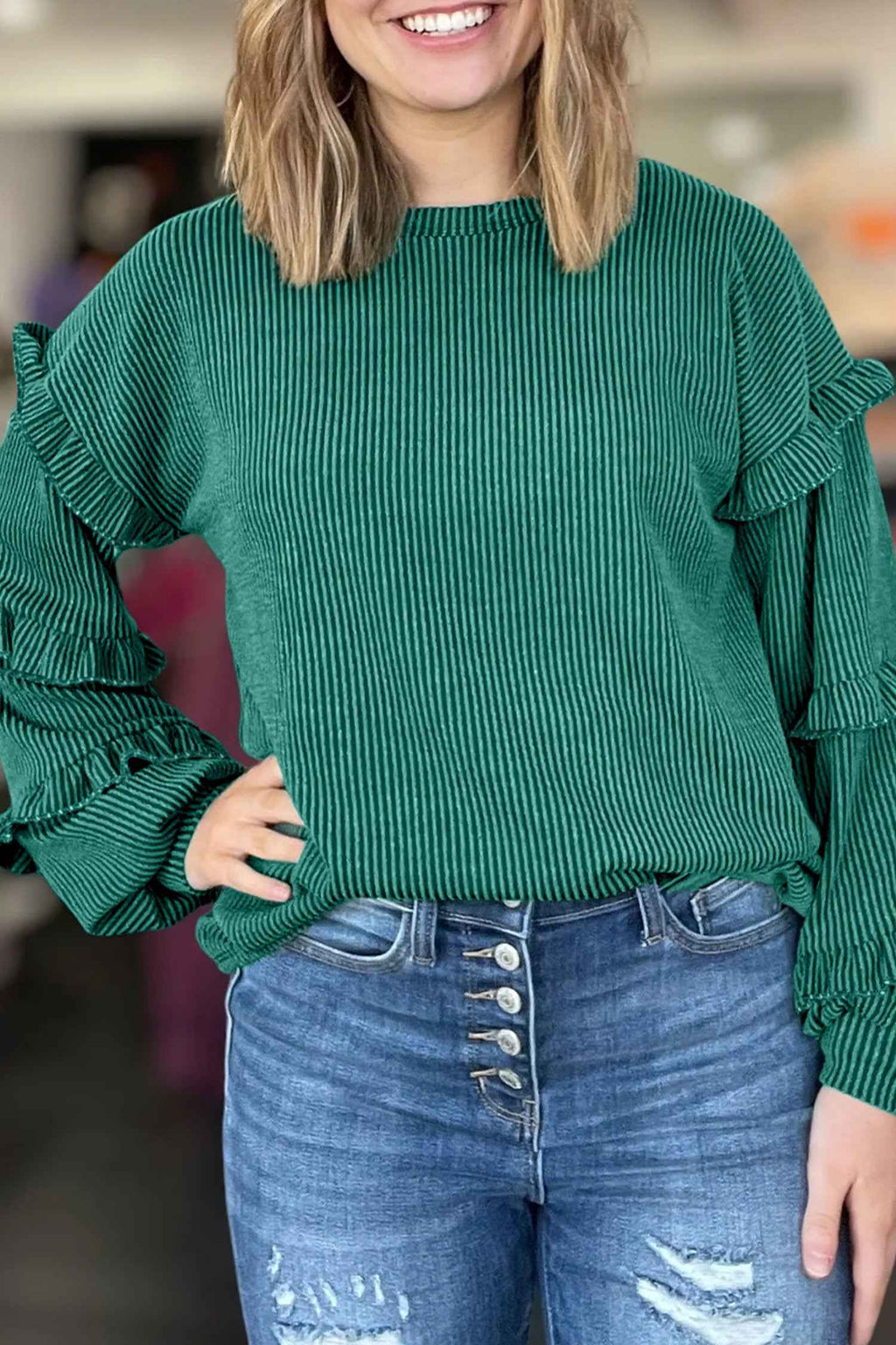 Evergreen Twisted Ribbed Tiered Ruffles Long Sleeve Pullover Top Evergreen 75%Polyester+20%Viscose+5%Elastane 4fccdb86b6a0e479