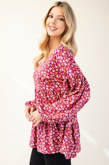 Celeste Full Size Floral V-Neck Balloon Sleeve Blouse