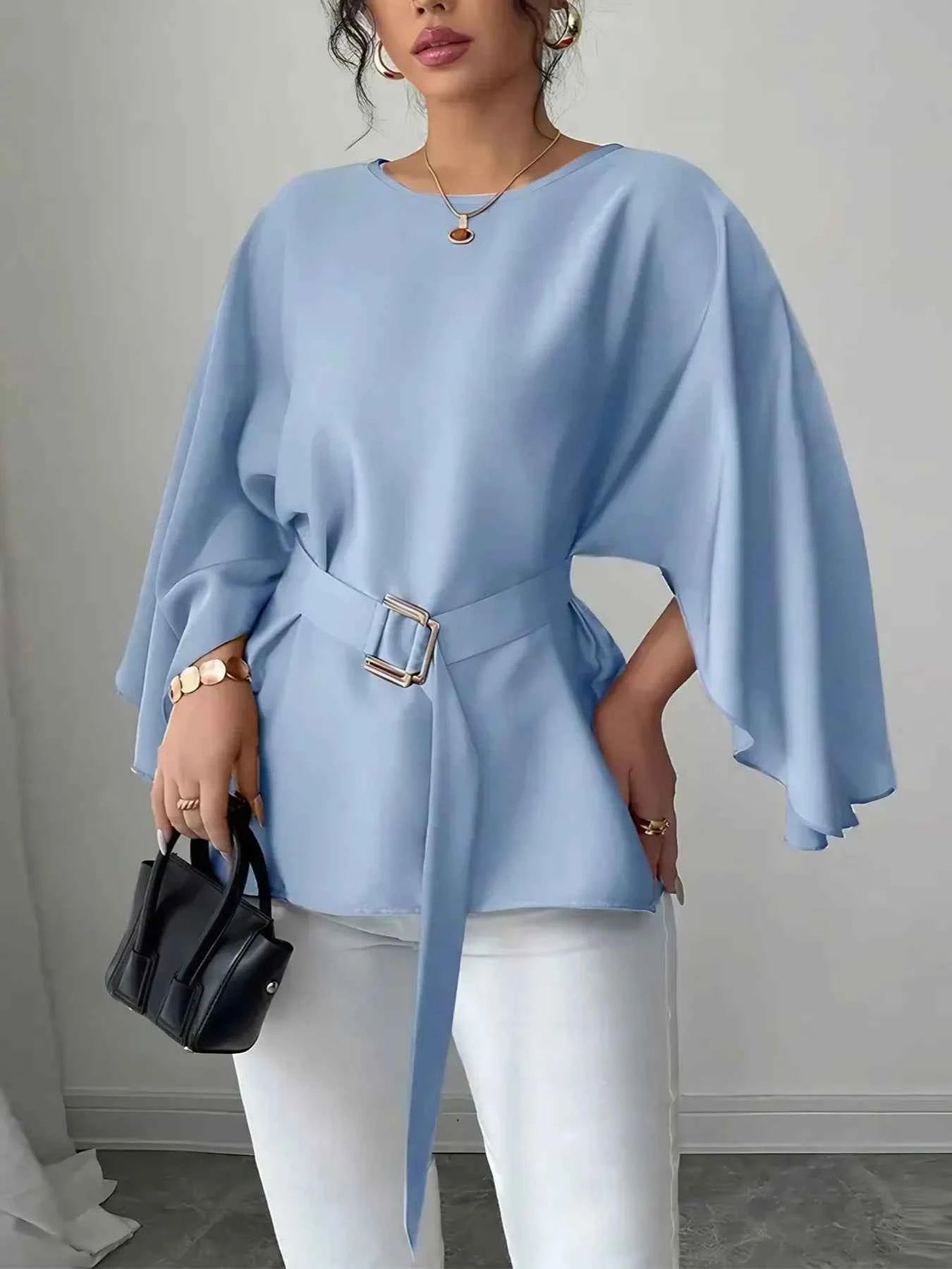 Belted Round Neck Flutter Sleeves Blouse Light Blue 4fcf2c22-3456-4acd-a2db-c09a120bf621-Max-Origin