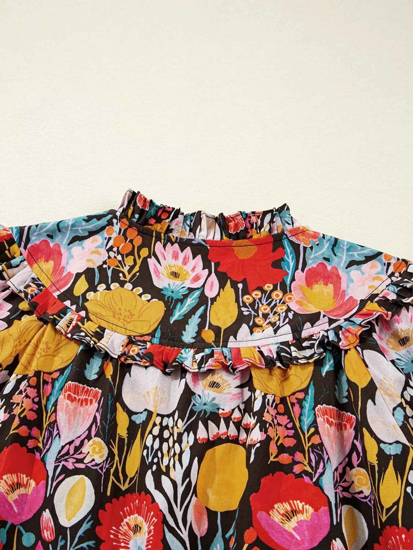 Floral 3/4 Puff Sleeve Tied Neck Blouse 4fd42ec32dbd491db754f34f6746a6e2-Max-Origin