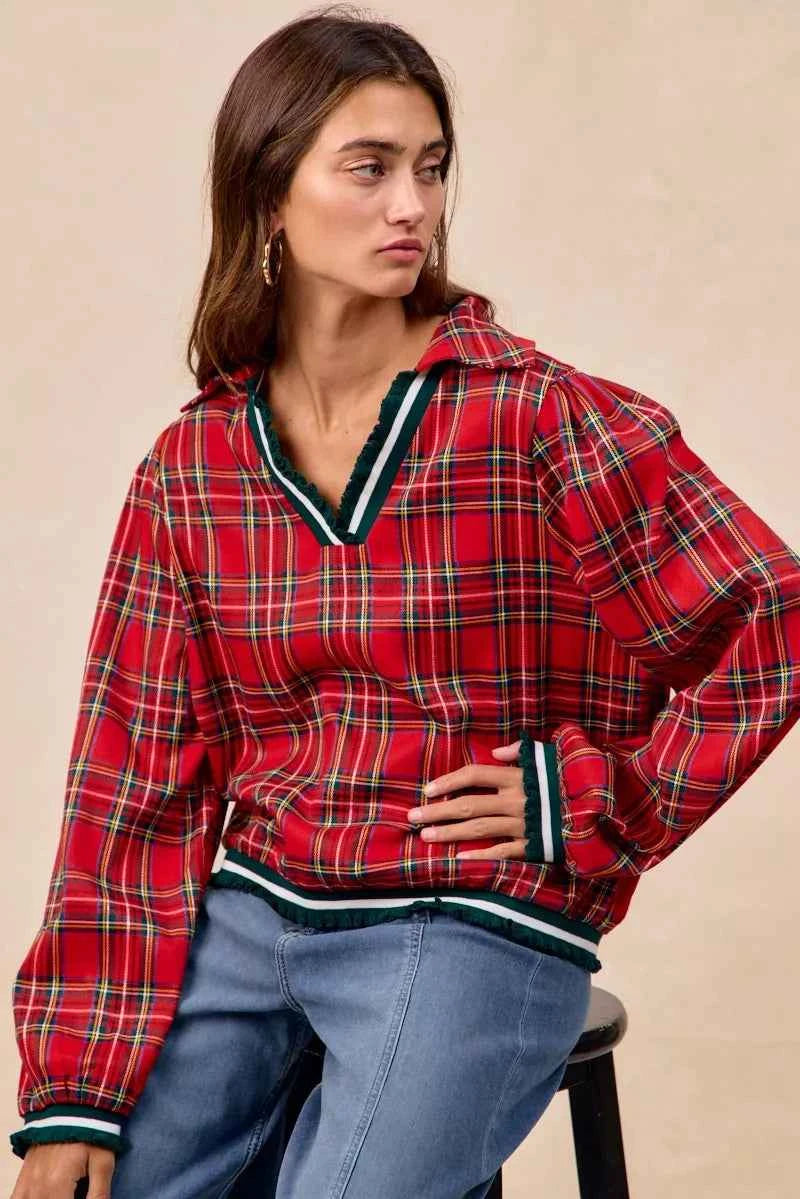 BiBi Christmas Plaid Collared Top with Ruffled Detail 4fd7738ab0854a25a858cd4dd12877b3-Max-Origin