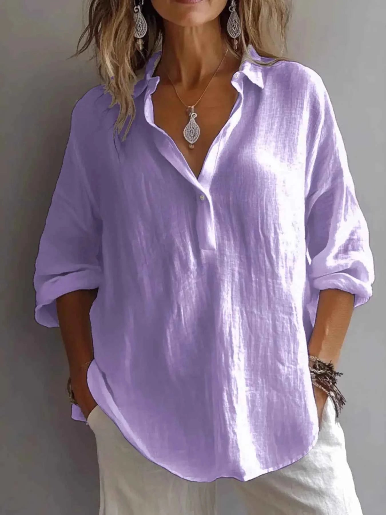 Collared Neck Long Sleeve Shirt Purple 4fd7ced810994ffe8067a4643317e16e-Max-Origin