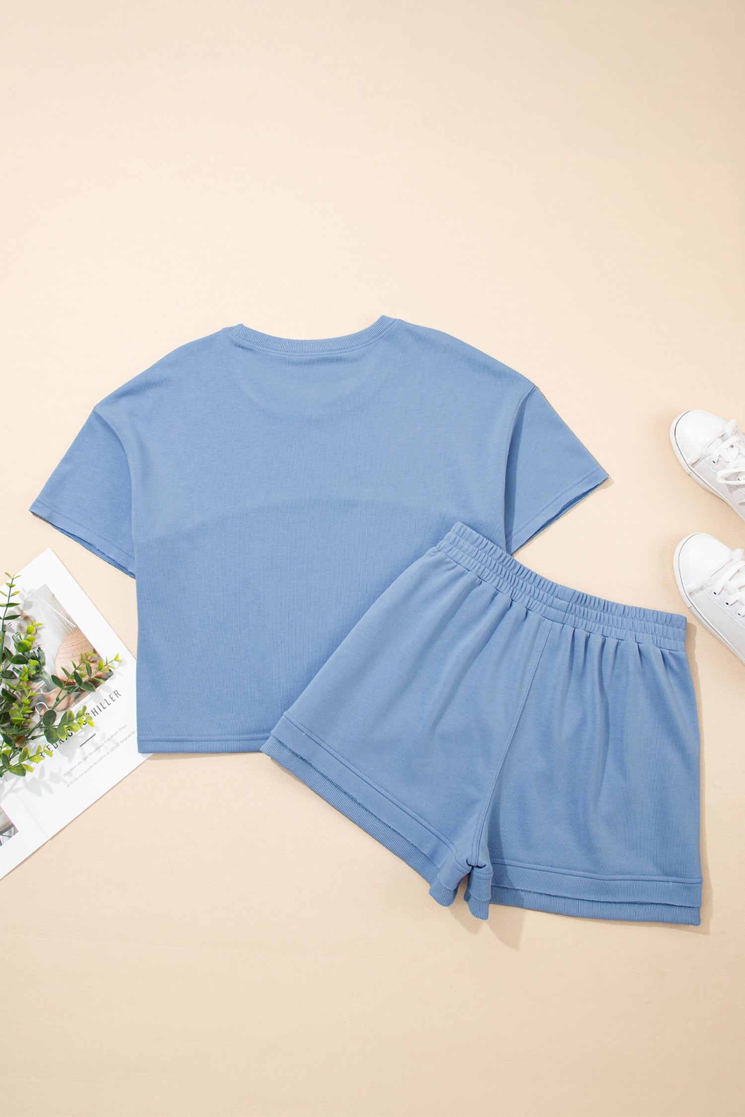 Sky Blue Solid Color Contrast Textured Patchwork Raw Edge 2pcs Short Set 4fdf90f7671c4a24