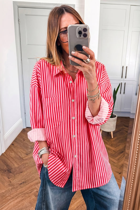 Red Stripe Button-Up Shirt Long Sleeve Patch Pocket Casual Shirt 4fe0c0e8552a5096