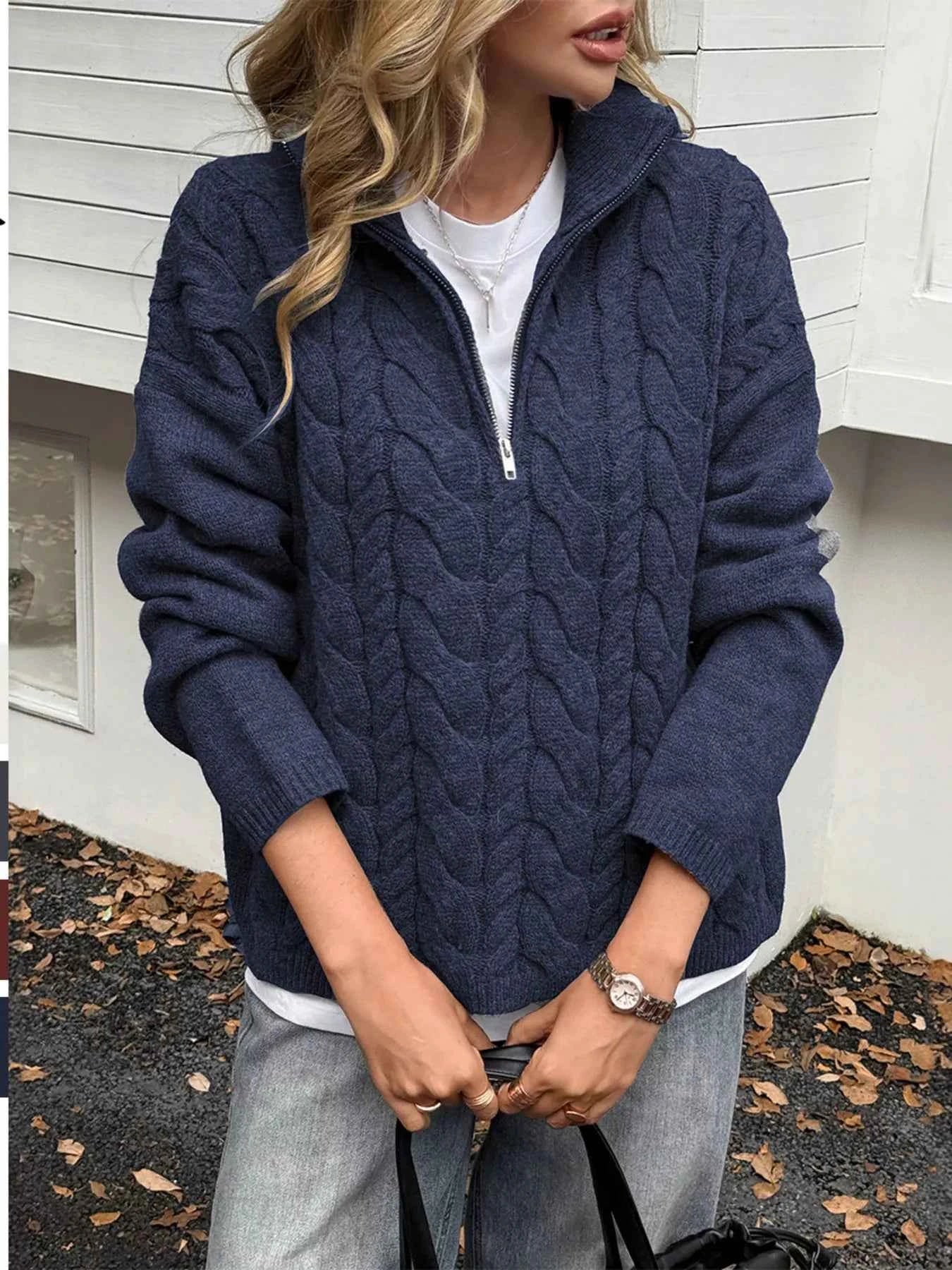 Zip Collar Cable-Knit Sweater Dark Blue 4fed1b86ff40405dac8d8fe000d73f54-Max-Origin