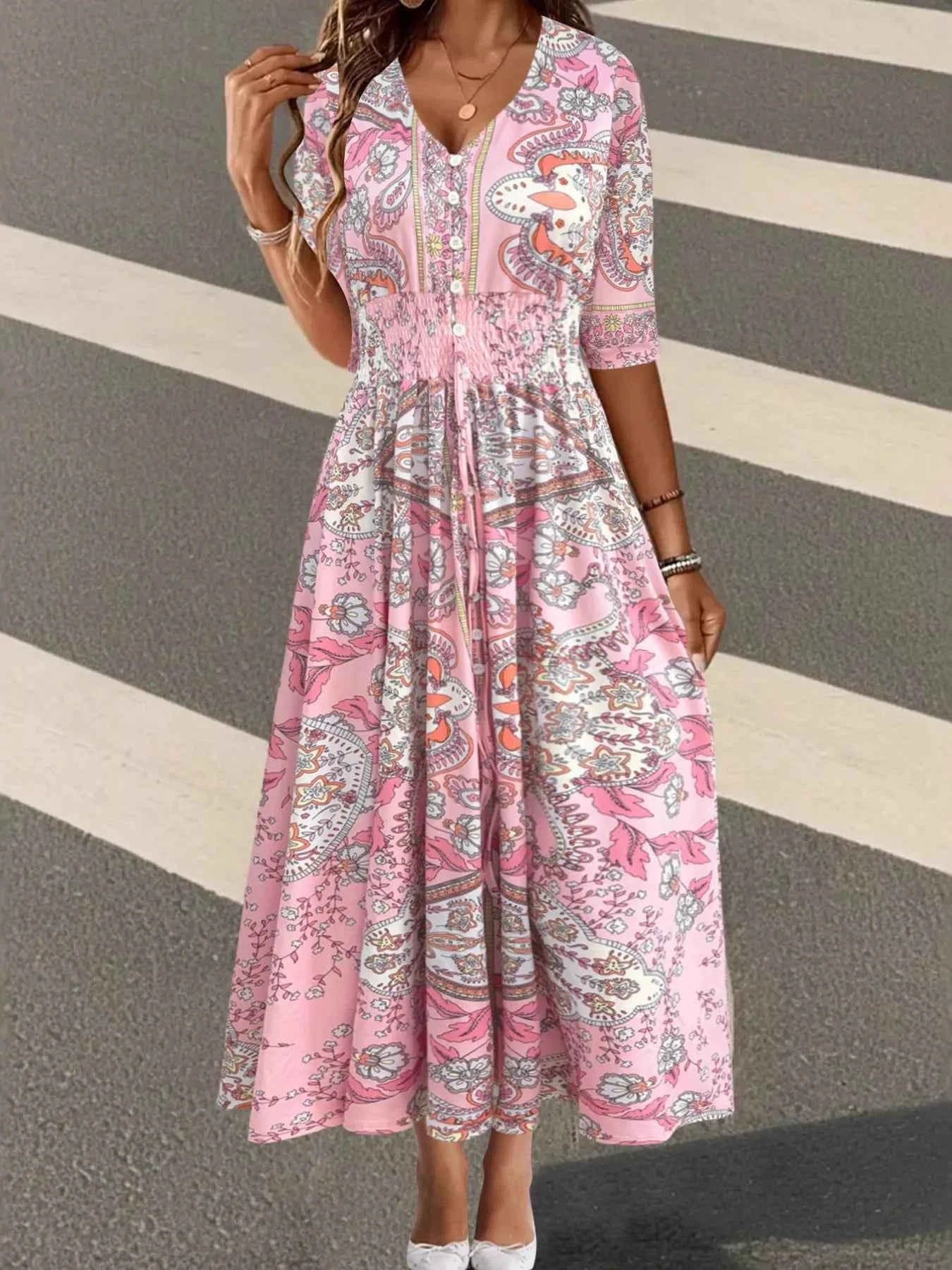Smocked Printed Half Sleeve Dress Pink 4ff2c374d440424cb07f58cf838a8b88-Max-Origin