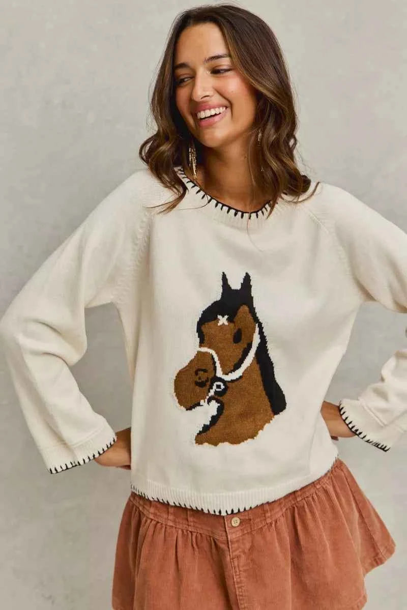 SO ME Horse Knit Sweater Top with Blanket Stitch 4ff608cdc7dd45eaab478bd0cea75daa-Max-Origin