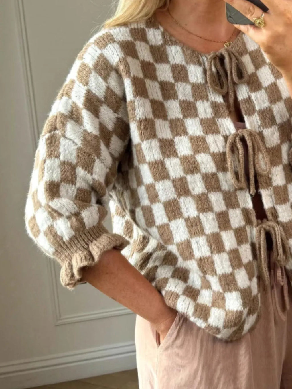 Checkered Tie-Front Knit Cardigan 500358af-391c-487d-9478-7c5772ce9b1f-Max-Origin_008d8e07-5836-4953-9597-6dd172c97c8a