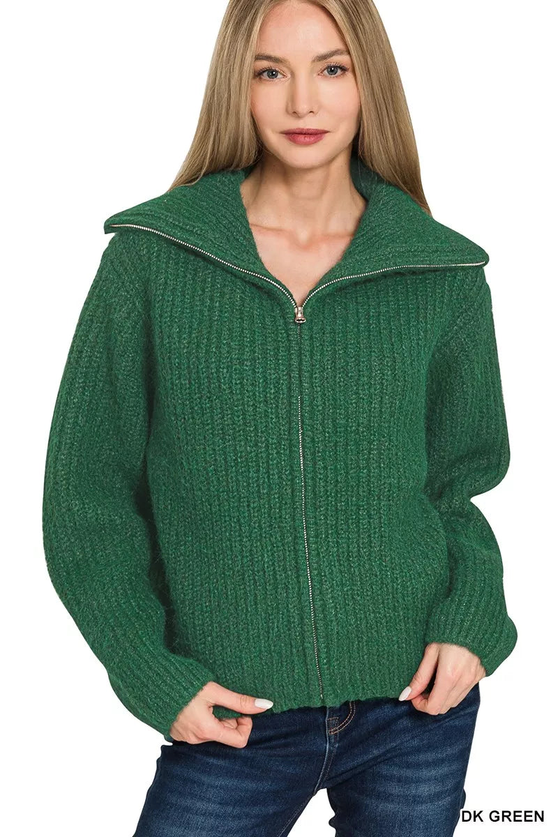 Zenana High Neck Full Zip Sweater Cardigan DK GREEN 5004e69e46d0496abedb5a1d84fd6f6f-Max-Origin