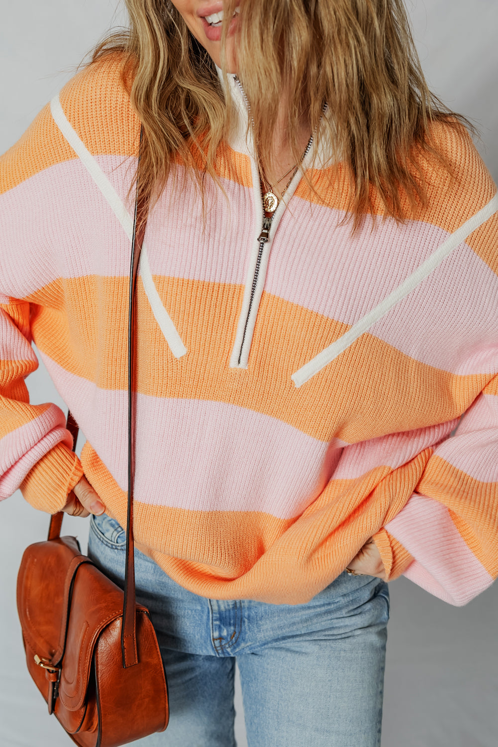 Orange Stripe Half Zip Collar Loose Sweater 500545db6069ab73